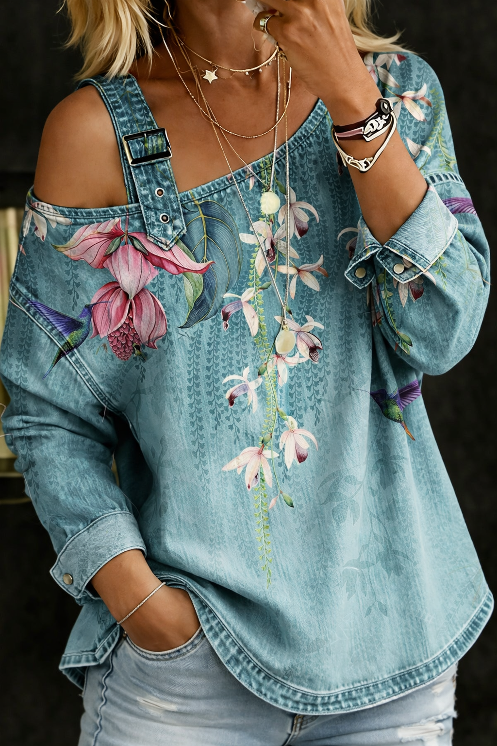 Abril | Top de denim con hombros descubiertos