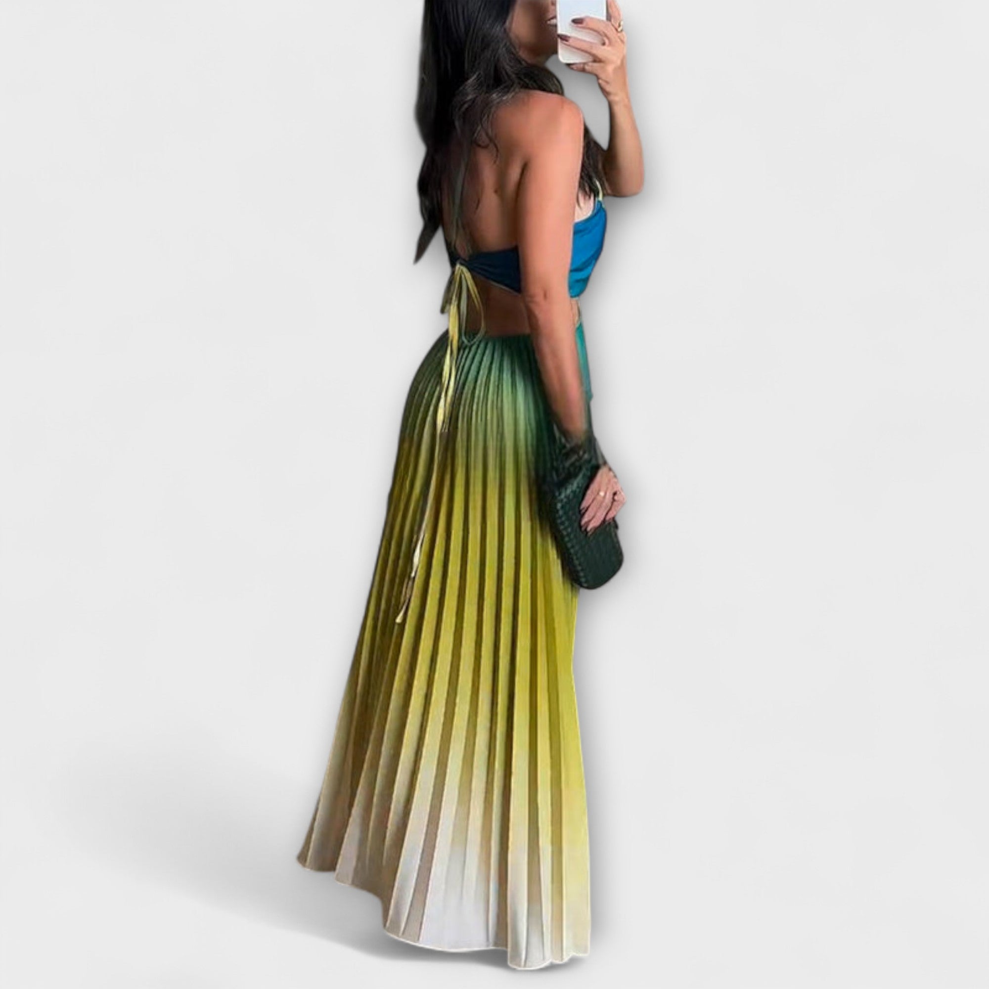 Adelaida | Vestido largo con espalda descubierta, degradado y plisado para anudar