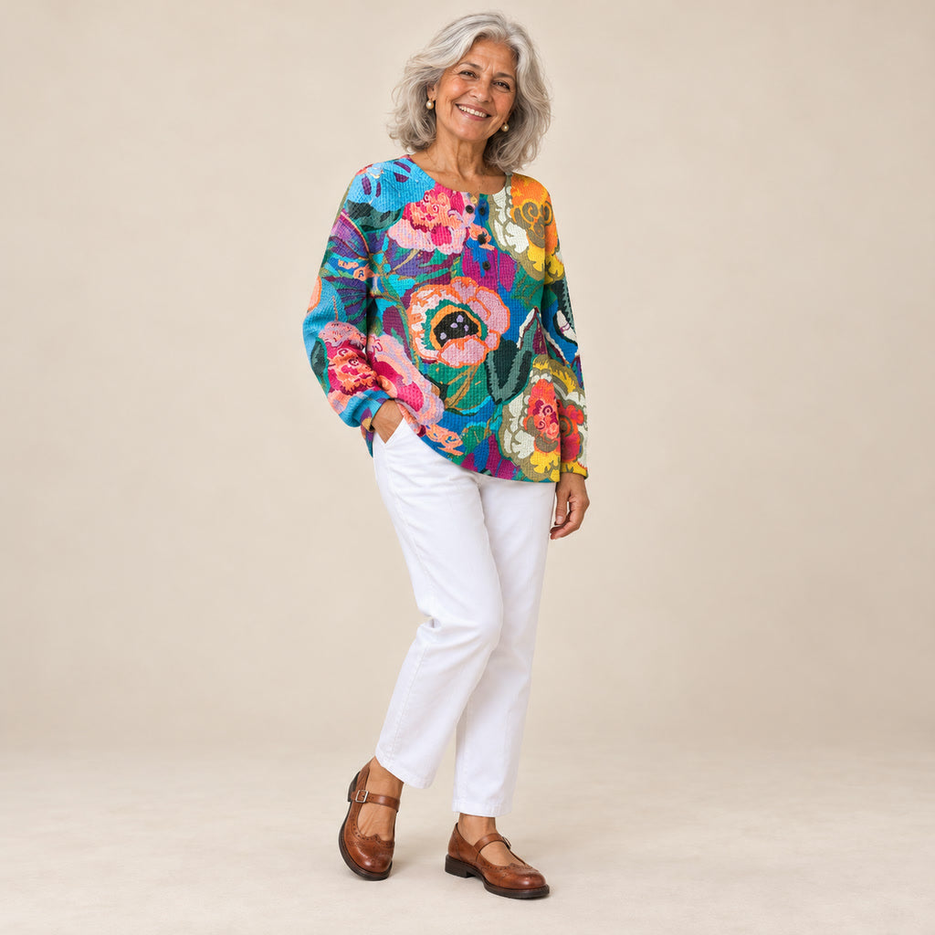 Adoración | Jersey con grandes flores de colores, vista de tres cuartos