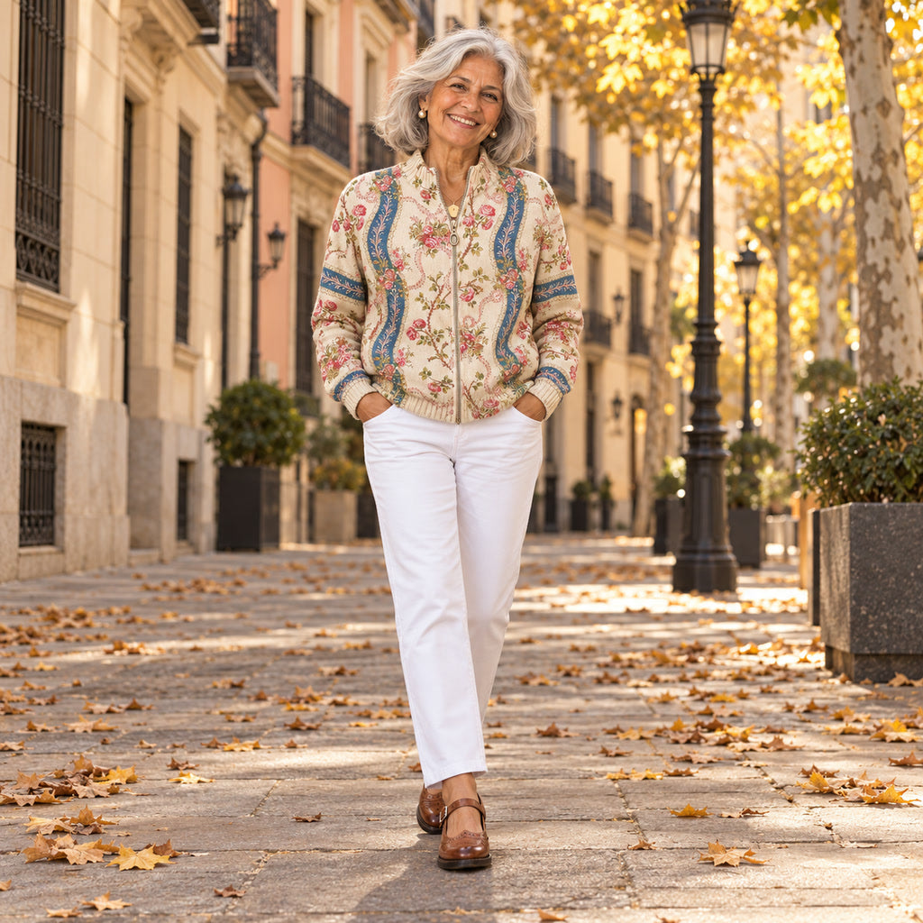 Aitana | Cárdigan con estampado de rosas trepadoras, en la calle