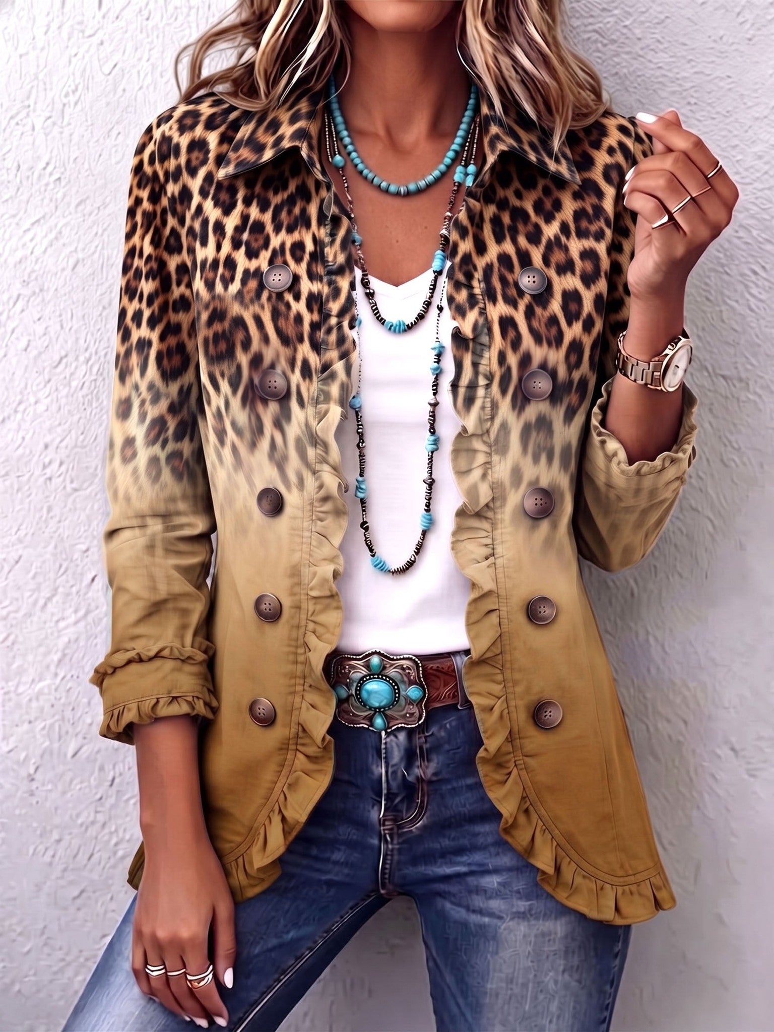 Anaís | Blazer con volantes y estampado de leopardo degradado