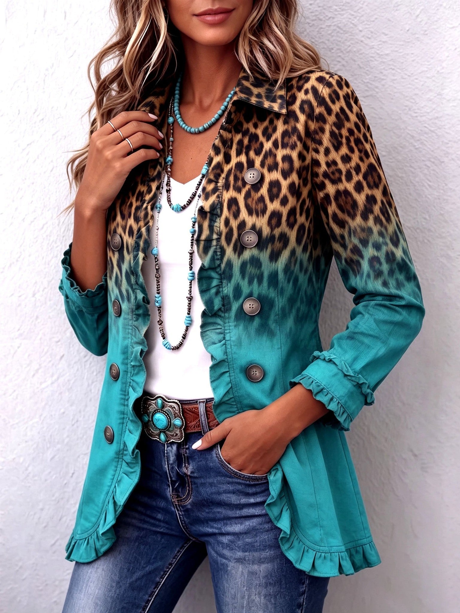 Anaís | Blazer con volantes y estampado de leopardo degradado