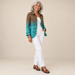 Anaís | Blazer con volantes y estampado de leopardo degradado, vista de tres cuartos