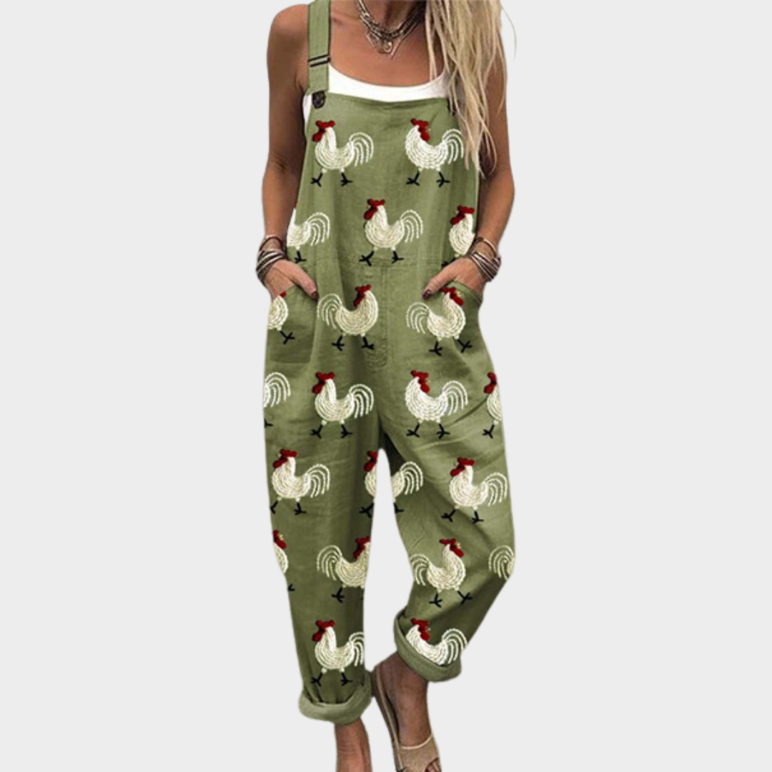 Ángela | Peto verde oliva con estampado de gallos