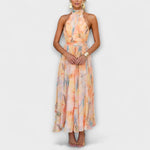 Ángeles | Vestido largo con estampado de acuarela y cuello halter