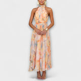 Ángeles | Vestido largo con estampado de acuarela y cuello halter
