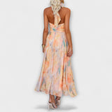 Ángeles | Vestido largo con estampado de acuarela y cuello halter