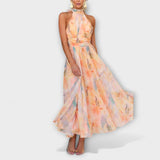 Ángeles | Vestido largo con estampado de acuarela y cuello halter