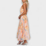 Ángeles | Vestido largo con estampado de acuarela y cuello halter