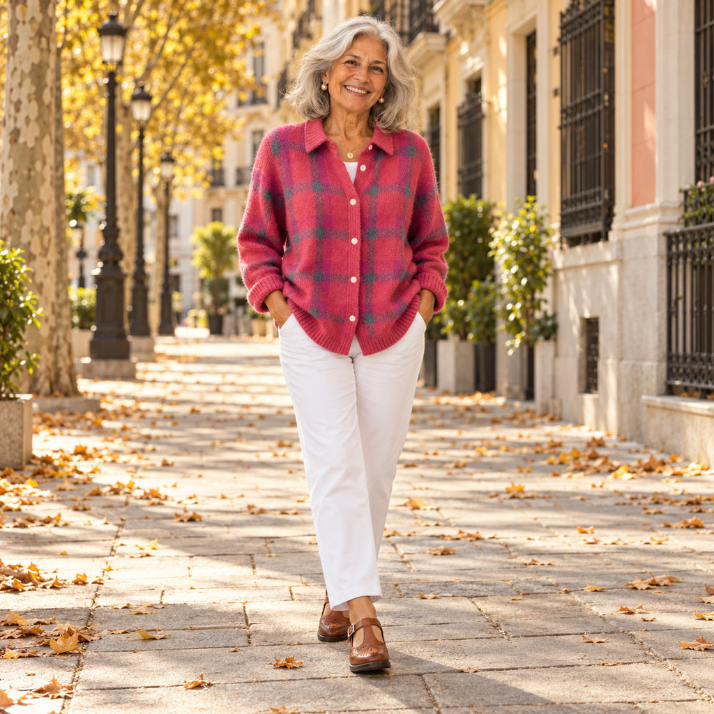 Arantxa | Cárdigan de cuadros clásico, en la calle