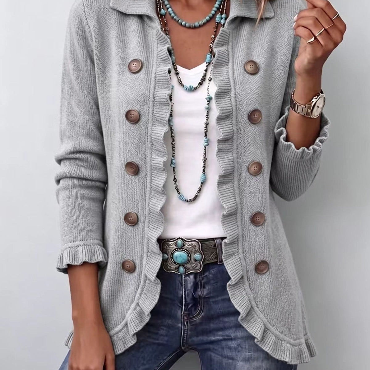 Arantxa | Chaqueta de punto de canalé gris jaspeado con volantes