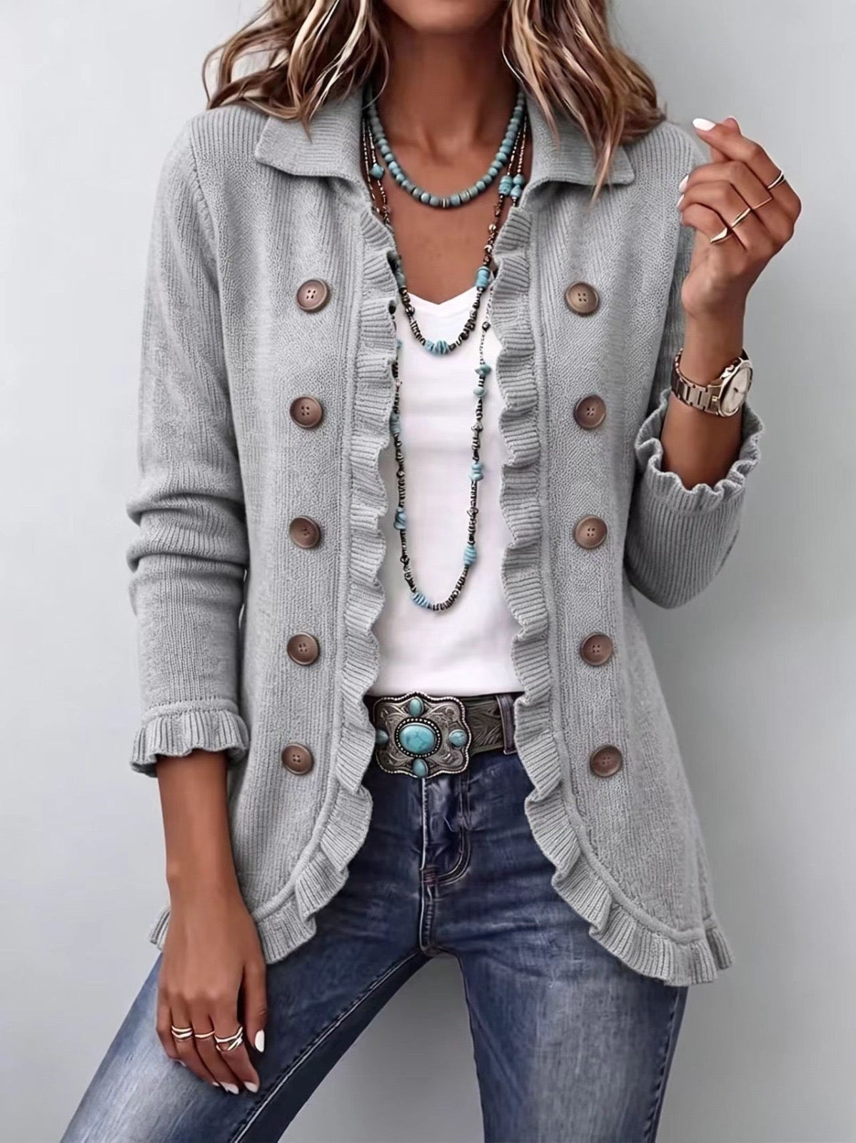 Arantxa | Chaqueta de punto de canalé gris jaspeado con volantes
