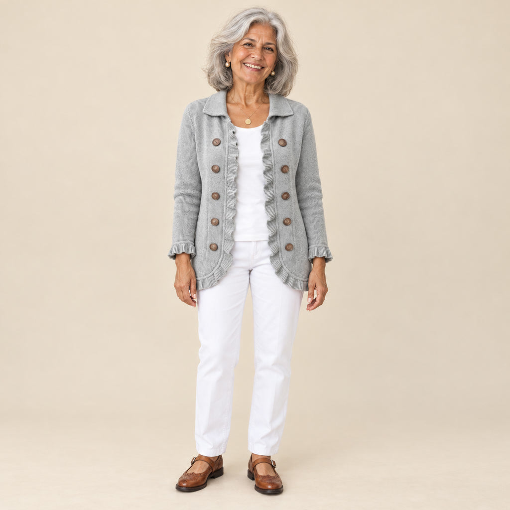 Arantxa | Chaqueta de punto de canalé gris jaspeado con volantes, vista de frente