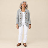 Arantxa | Chaqueta de punto de canalé gris jaspeado con volantes, vista de frente