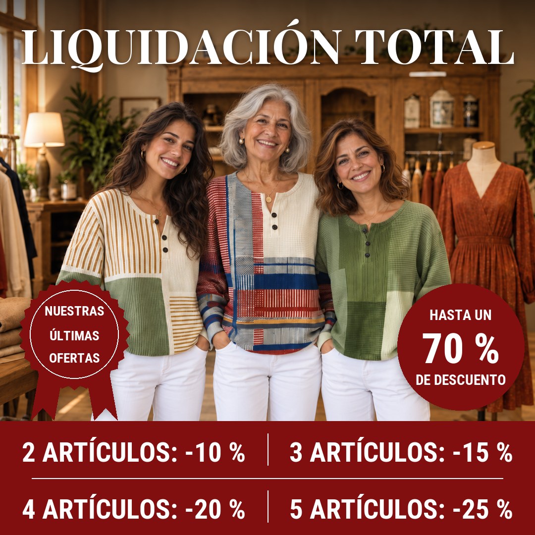 Liquidación total: hasta un 70 % de descuento. 2 artículos -10 %, 3 artículos -15 %, 4 artículos -20 %, 5 artículos -25 %