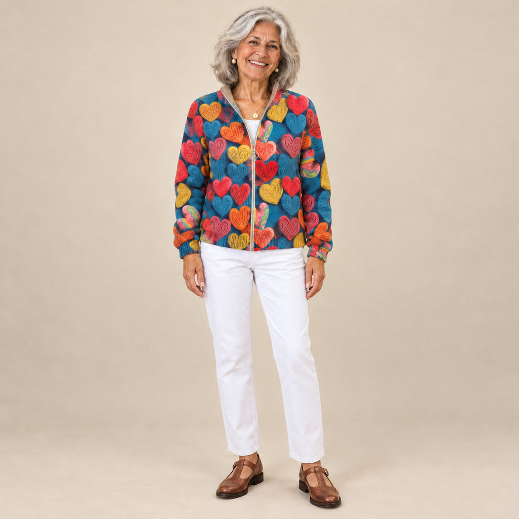 Berta | Cárdigan con estampado de corazones multicolores, vista de frente
