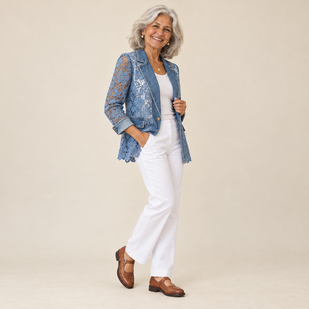 Carina | Blazer con aplicaciones de encaje de flores, vista de tres cuartos