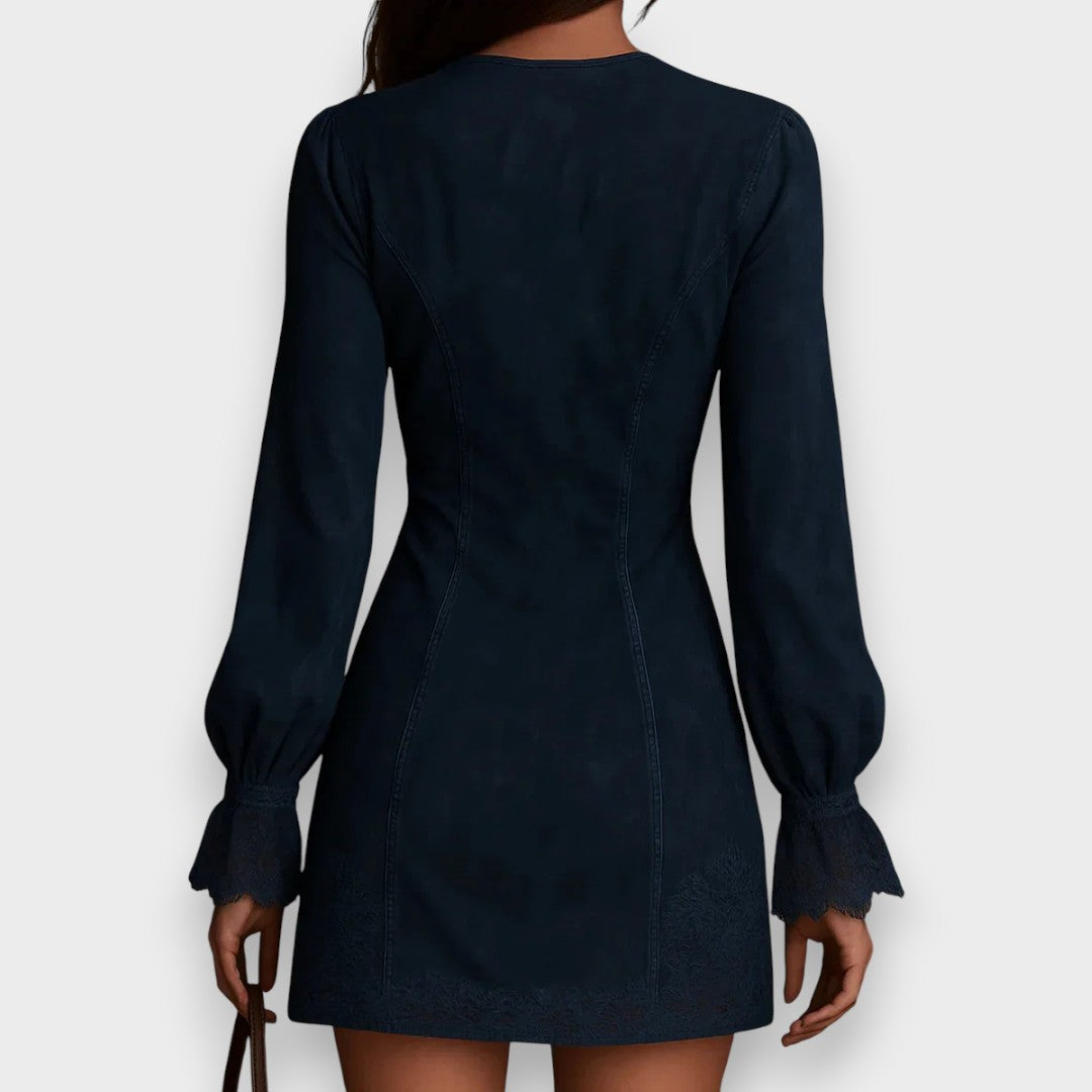 Casilda | Vestido corto de antelina azul con encaje