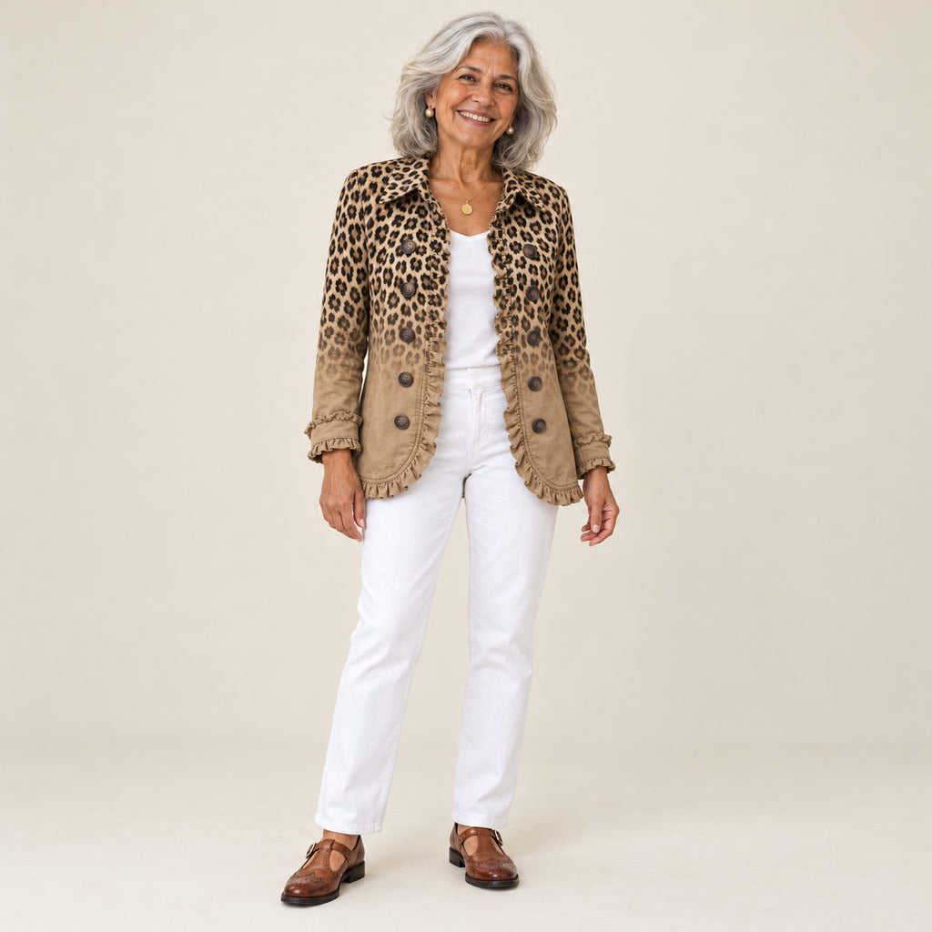 Cayetana | Chaqueta vintage con volantes y estampado de leopardo degradado, vista de frente