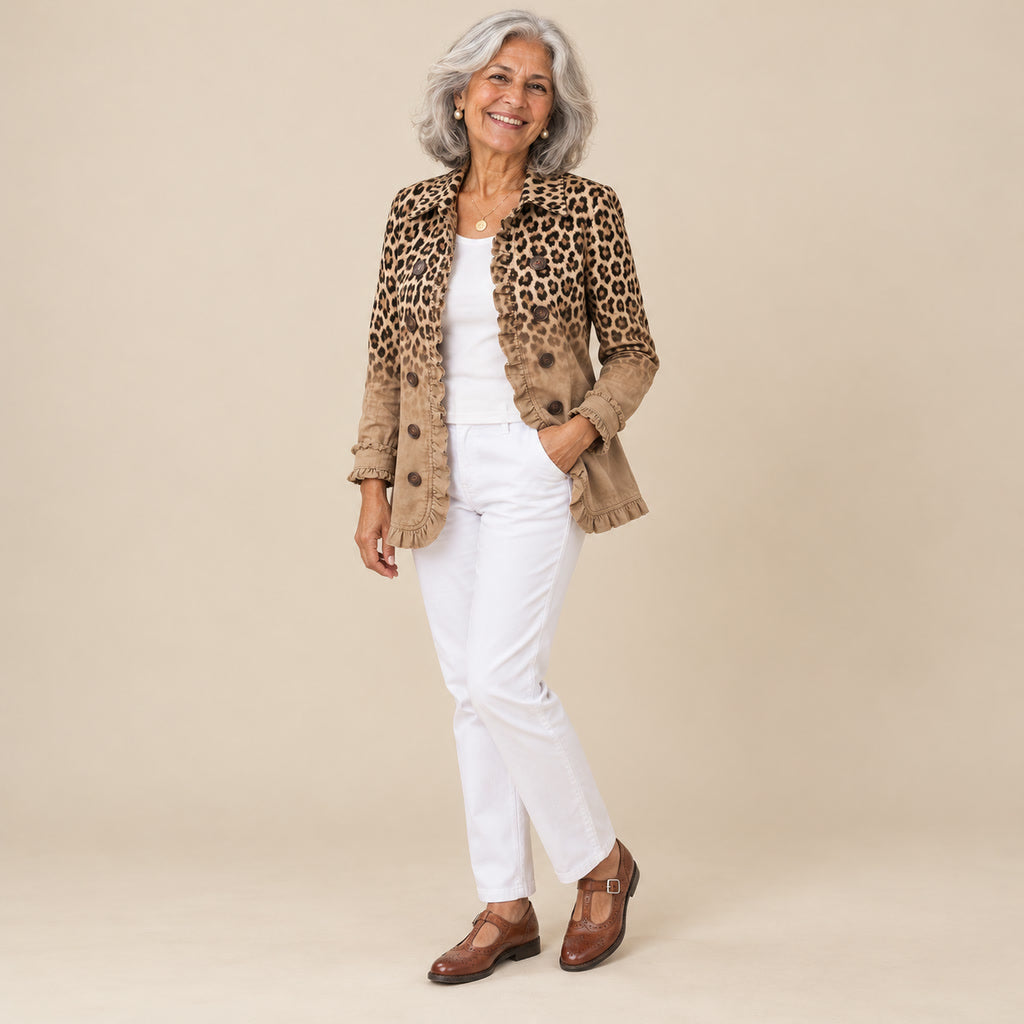 Cayetana | Chaqueta vintage con volantes y estampado de leopardo degradado, vista de tres cuartos