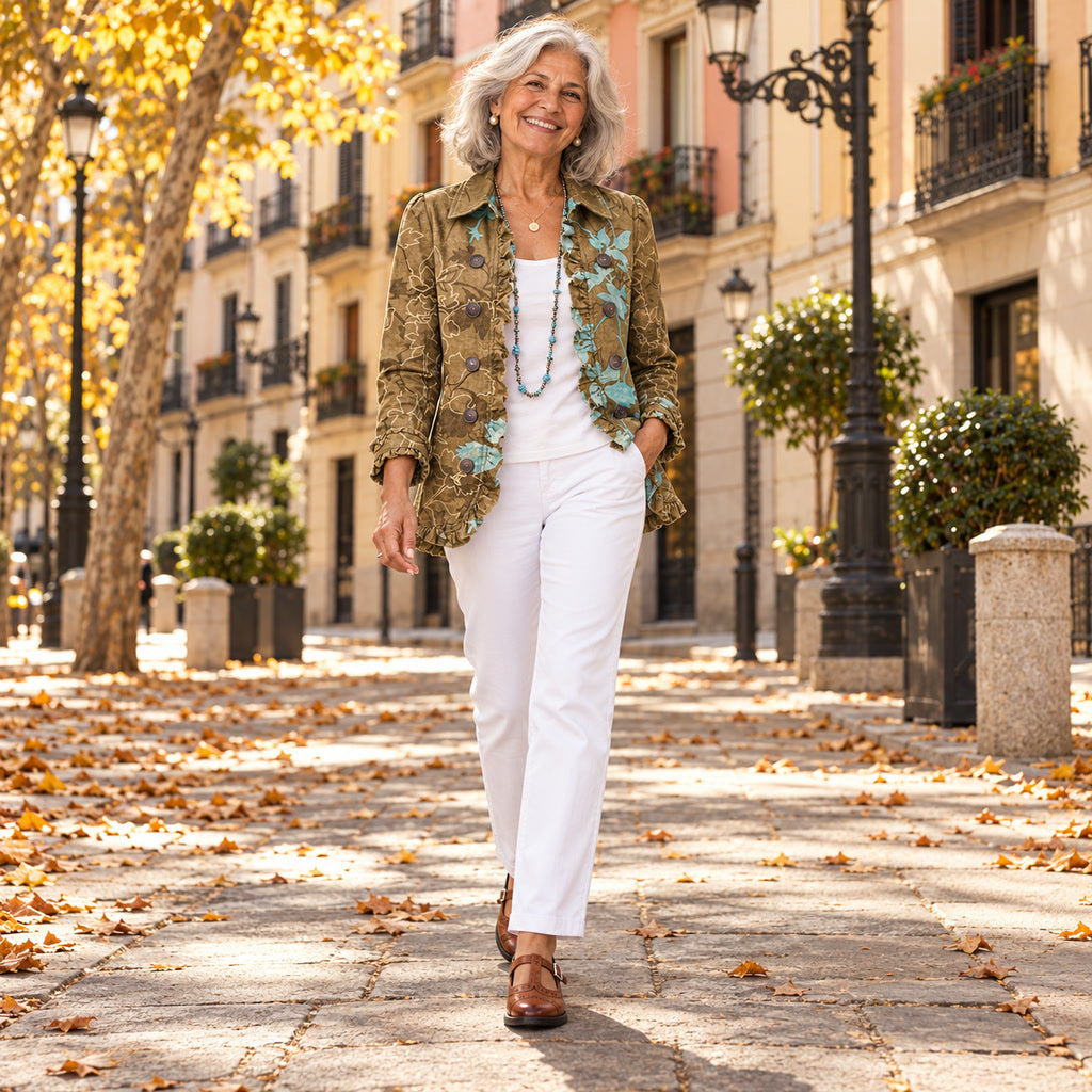 Cintia | Chaqueta de flores bohemia vintage degradada con volantes, en la calle