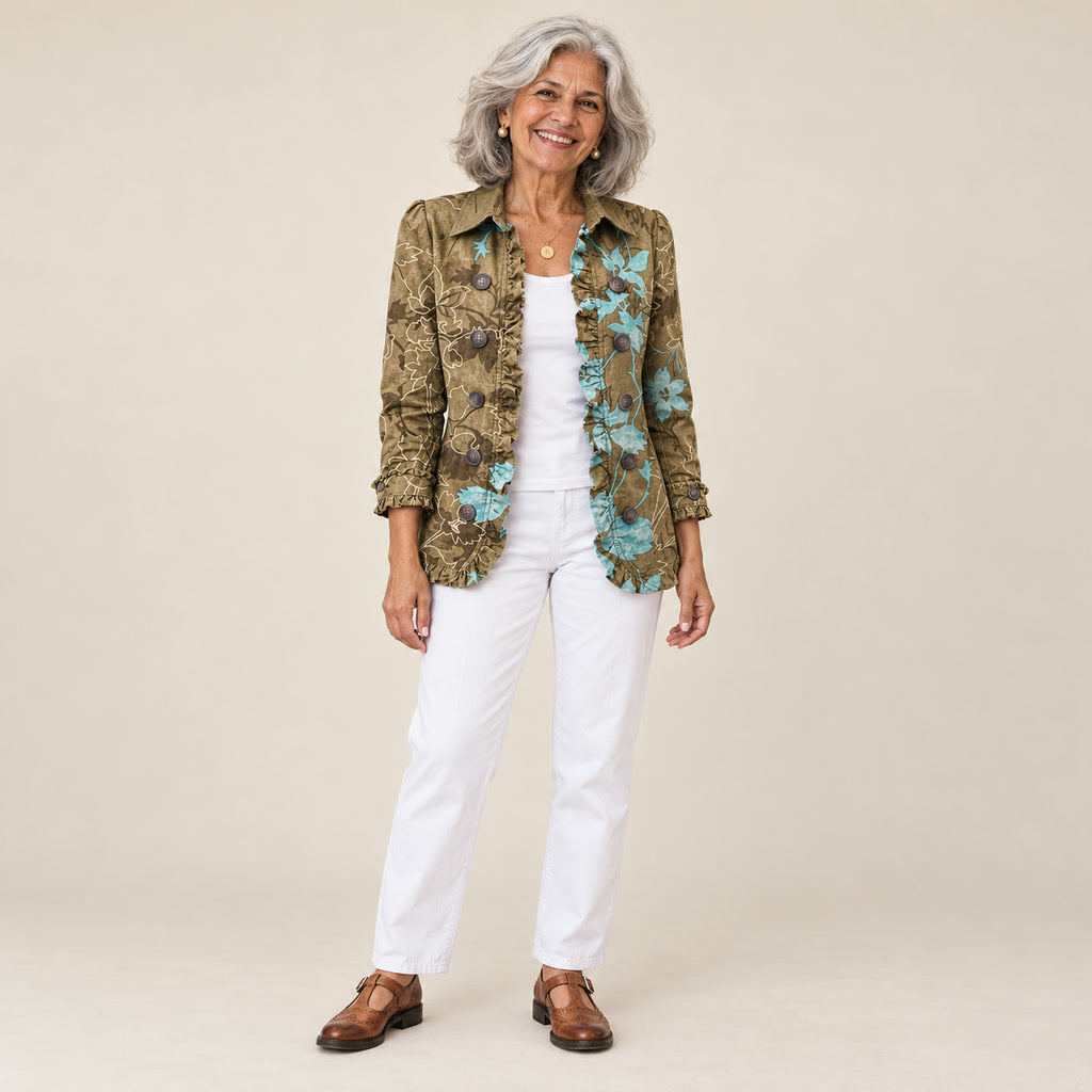 Cintia | Chaqueta de flores bohemia vintage degradada con volantes, vista de frente