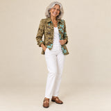 Cintia | Chaqueta de flores bohemia vintage degradada con volantes, vista de tres cuartos