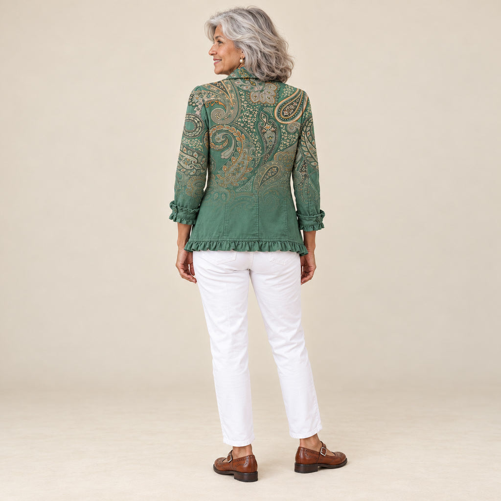 Dámaris | Chaqueta bohemia con volantes y estampado de cachemira (paisley), vista de espaldas