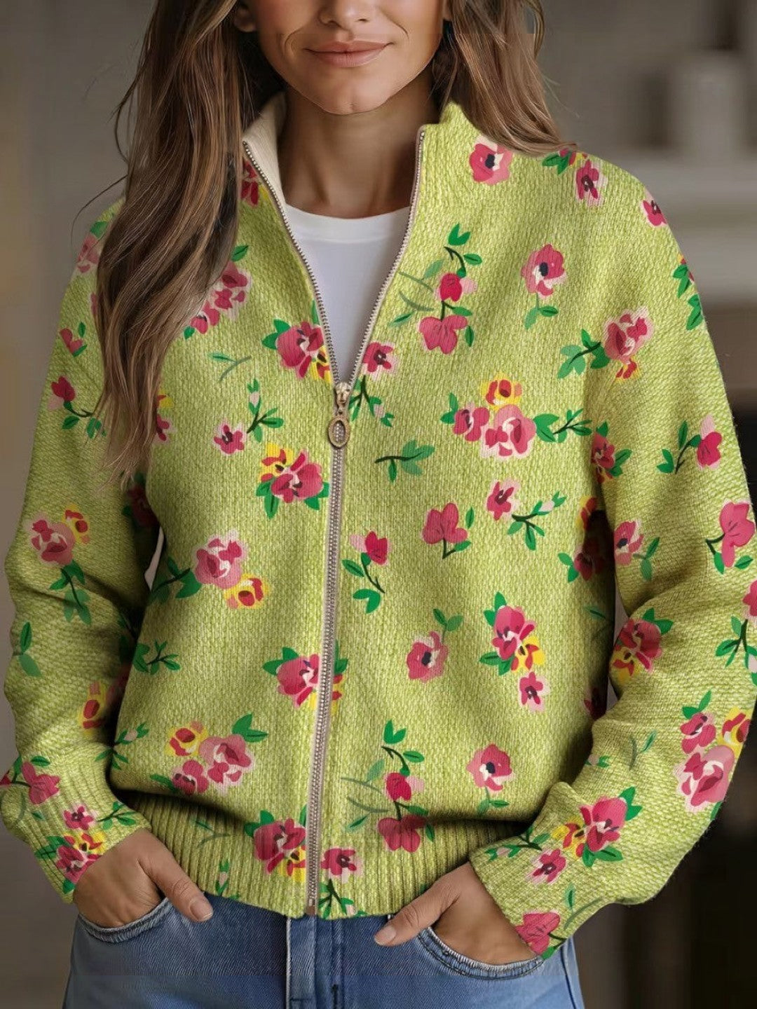 Débora | Cárdigan verde con estampado floral