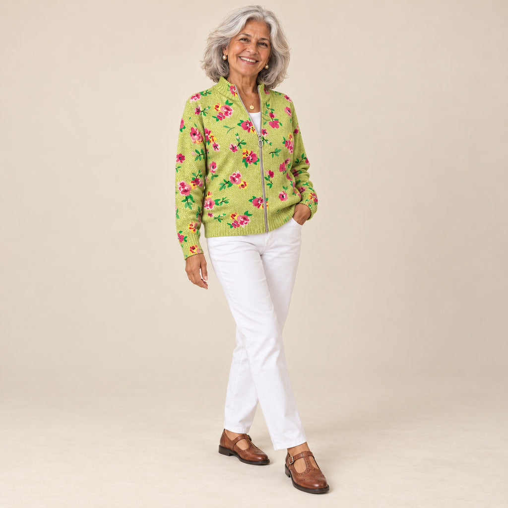 Débora | Cárdigan verde con estampado floral, vista de tres cuartos