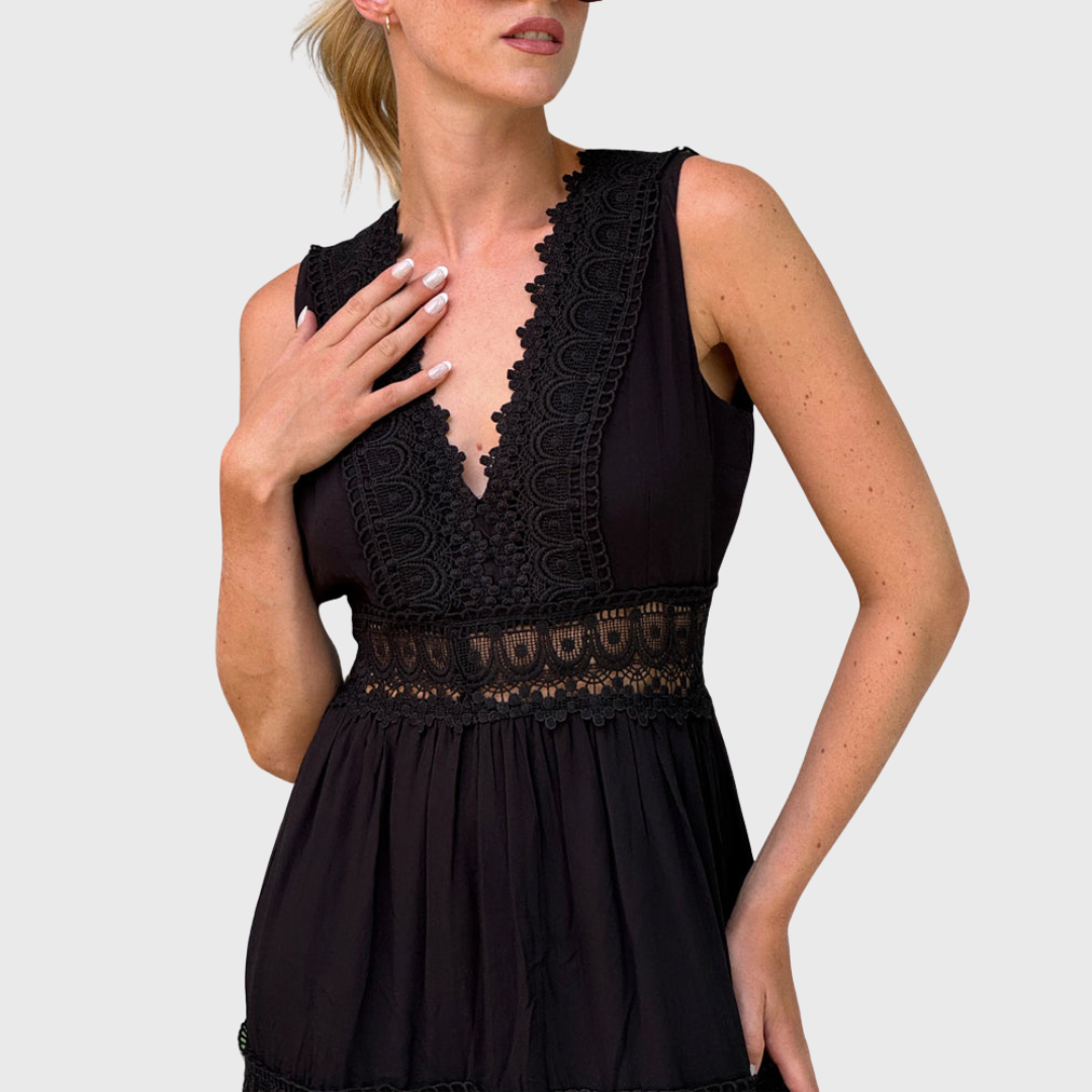 Débora | Vestido midi bohemio sin mangas con detalles de encaje