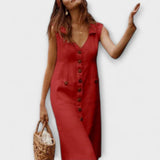 Delia | Vestido trapecio de algodón y lino con cuello