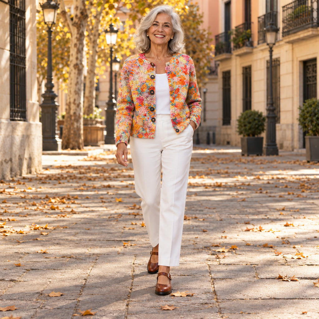Dorotea | Cárdigan de flores acuarela, en la calle