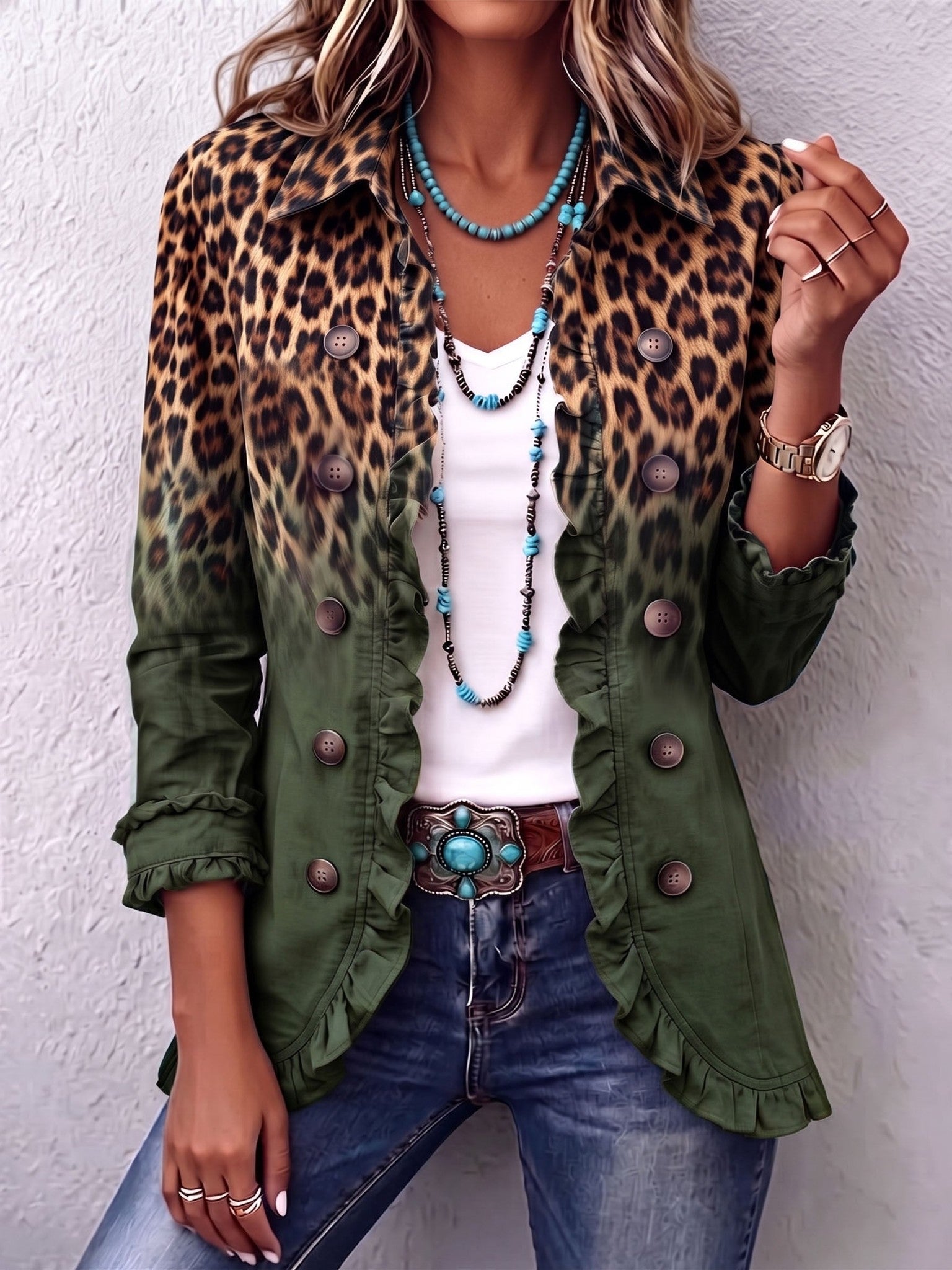 Dulce | Blazer con volantes y estampado de leopardo degradado verde oliva