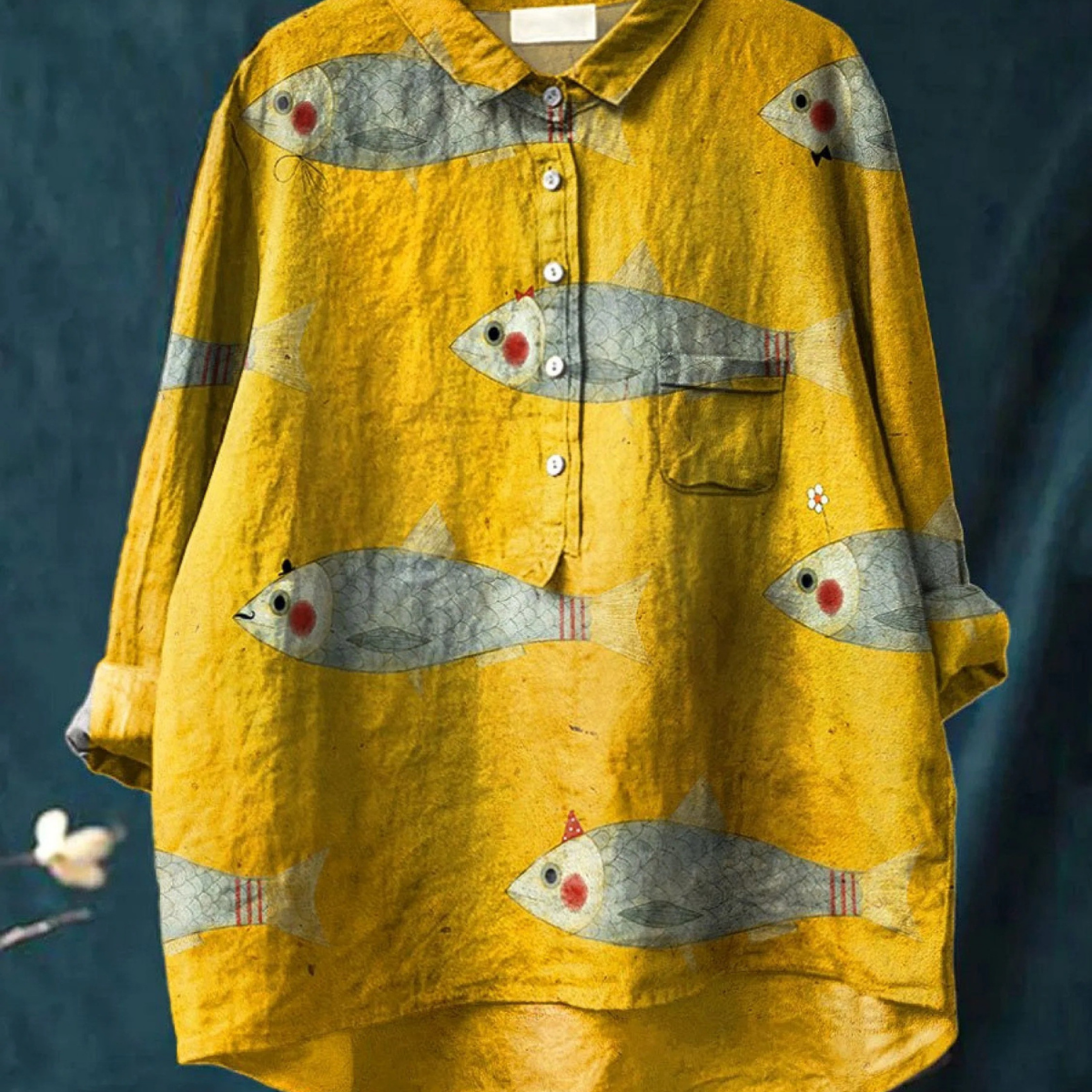 Eladia | Blusa informal vintage con estampado artístico de peces
