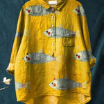 Eladia | Blusa informal vintage con estampado artístico de peces