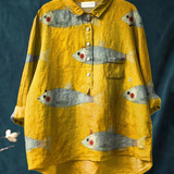 Eladia | Blusa informal vintage con estampado artístico de peces