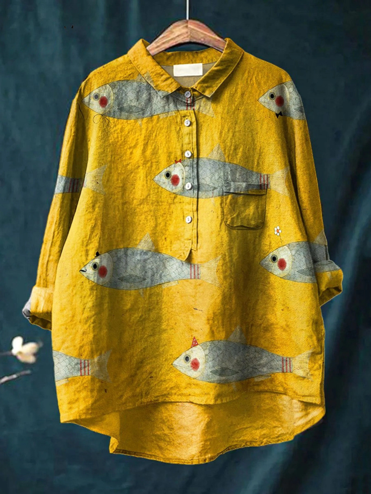 Eladia | Blusa informal vintage con estampado artístico de peces