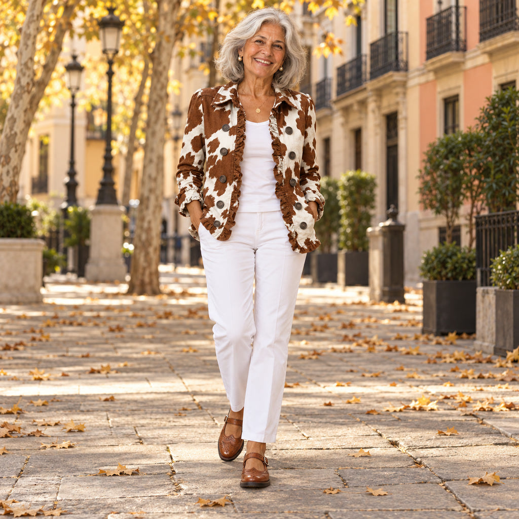 Elisenda | Chaqueta con volantes y estampado de vaca, en la calle