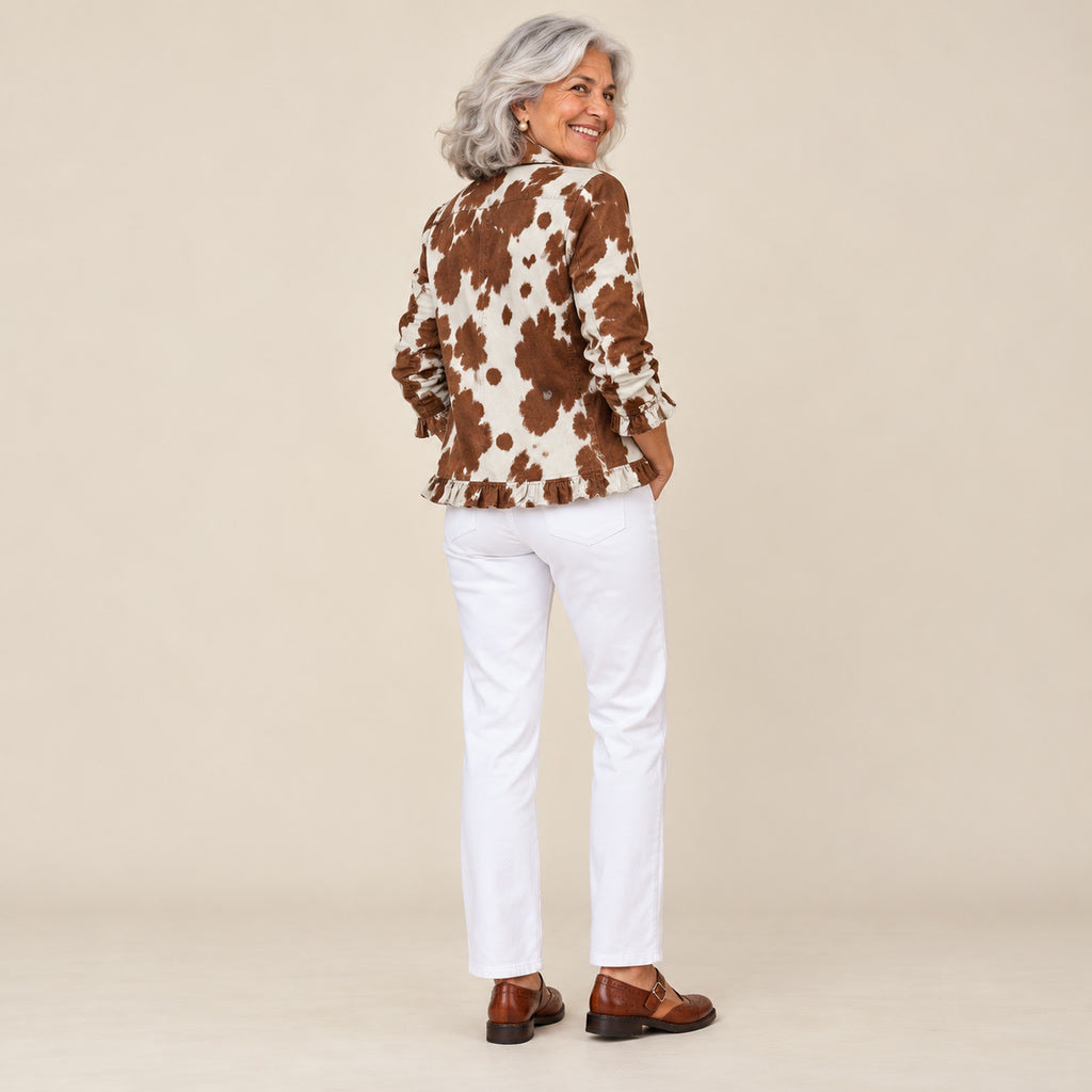 Elisenda | Chaqueta con volantes y estampado de vaca, vista de espaldas