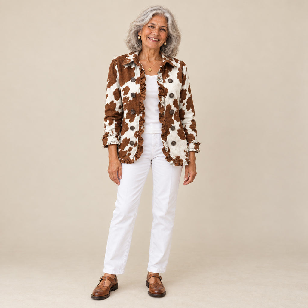 Elisenda | Chaqueta con volantes y estampado de vaca, vista de frente