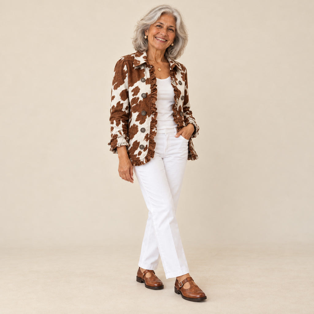 Elisenda | Chaqueta con volantes y estampado de vaca, vista de tres cuartos