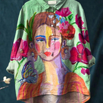 Elsa | Blusa informal de mujer con estampado de retrato estilo pintura al óleo