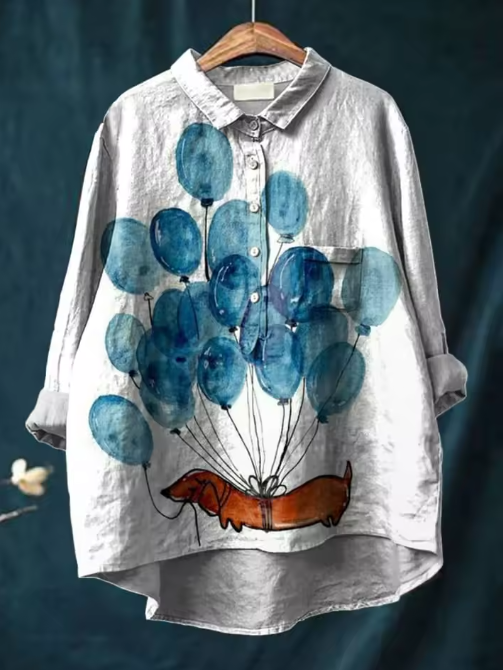 Enriqueta | Blusa informal con estampado artístico de globo y perro