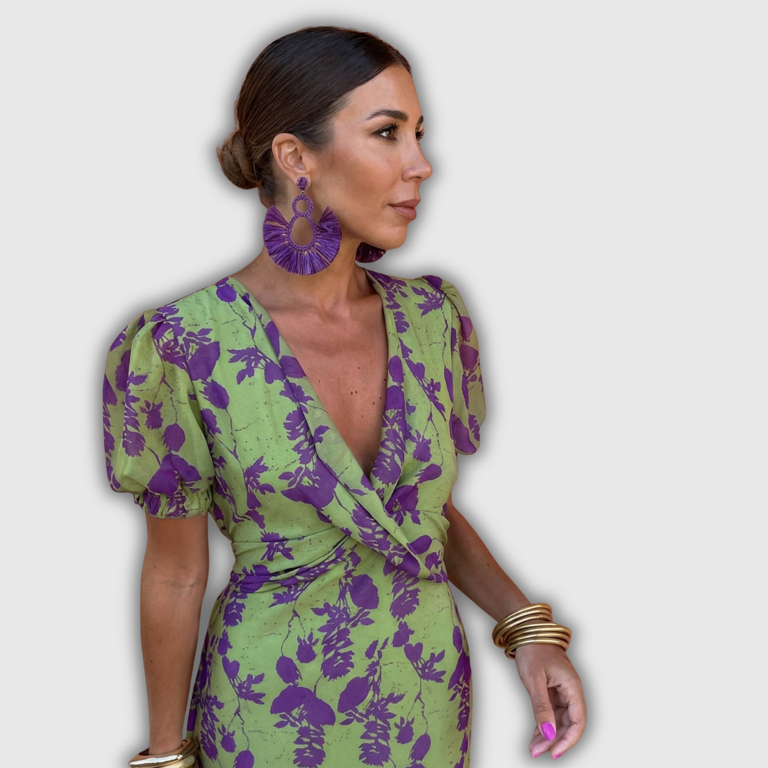 Erea | Vestido midi cruzado de flores con mangas abullonadas