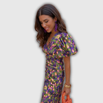 Erea | Vestido midi cruzado de flores con mangas abullonadas