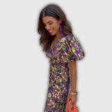 Erea | Vestido midi cruzado de flores con mangas abullonadas