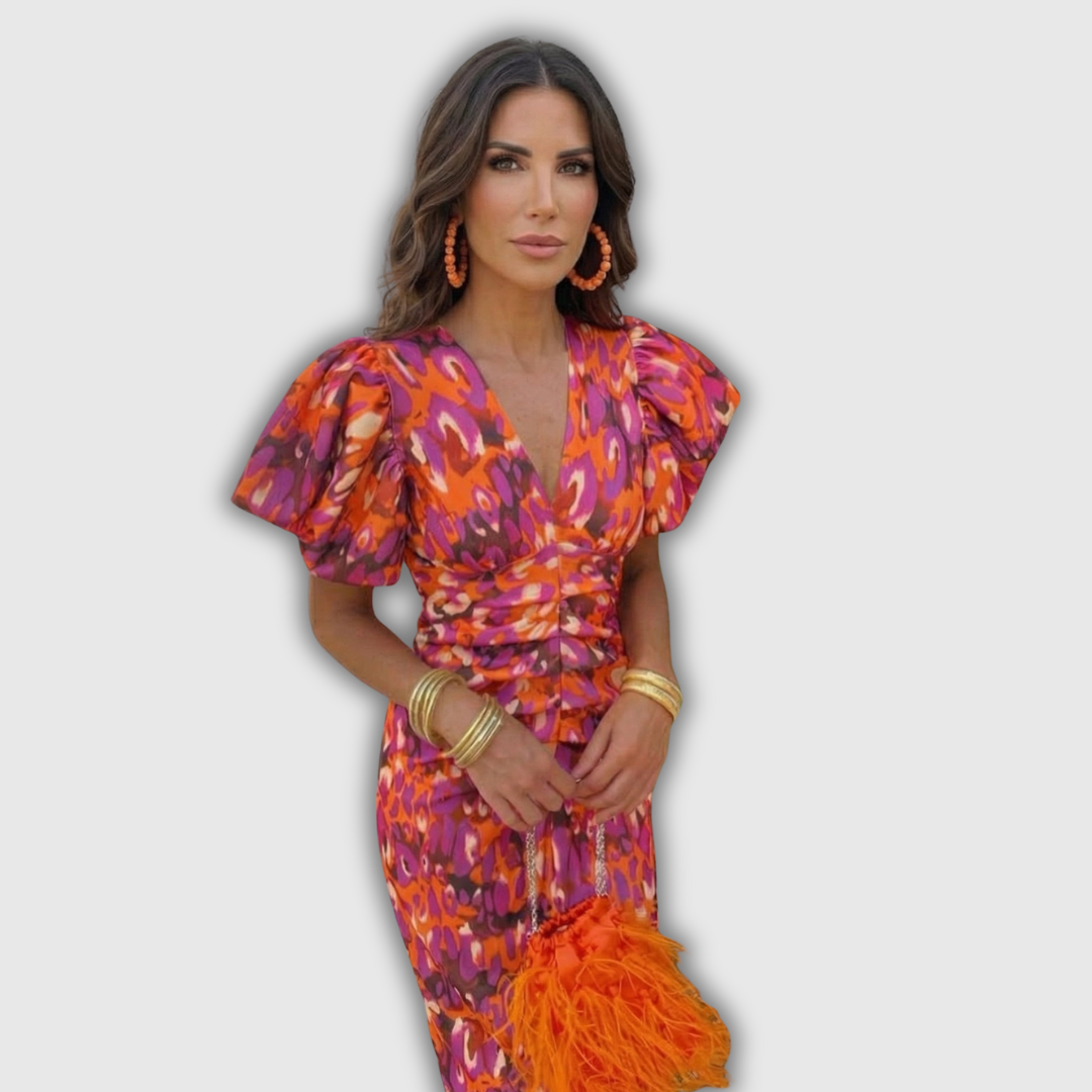 Erea | Vestido midi cruzado de flores con mangas abullonadas