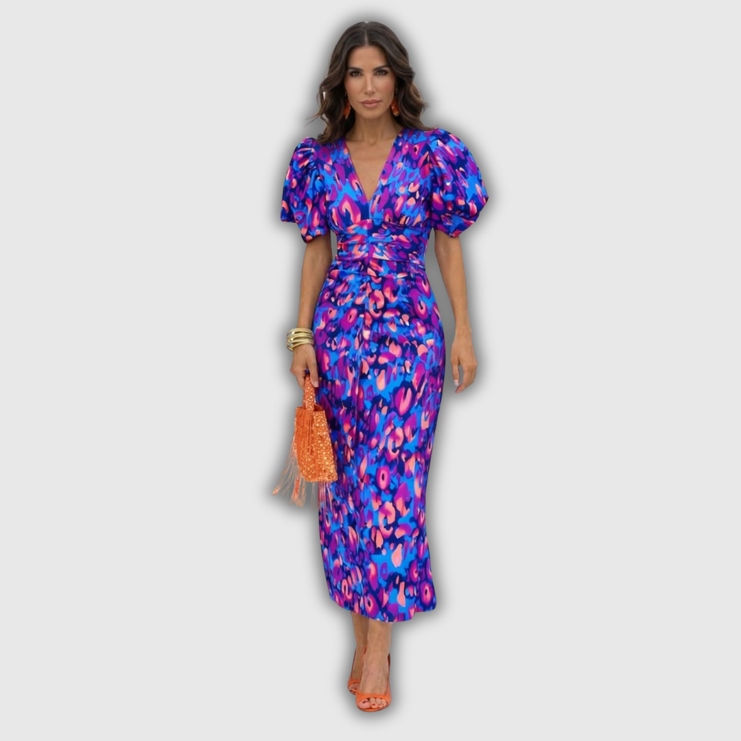 Erea | Vestido midi cruzado de flores con mangas abullonadas