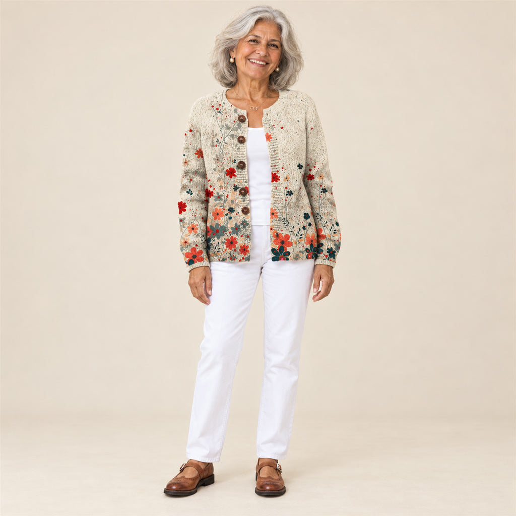 Ester | Cárdigan jaspeado con flores silvestres, vista de frente